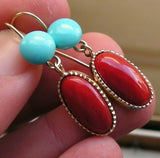Vintage Estate 18k Gold Red Coral Turquoise Drop Dangle Pendant Earrings