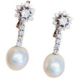 Vintage Estate 18k Gold South Seas Pearl G VS Diamond Drop Dangle Earrings