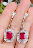 Vintage 18k Gold Synthetic Ruby VS Diamond Halo Dangle Drop Pendant Earrings