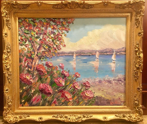 24x18" Abstract Seascape Lake Trees KADLIC Original Oil Painting Art Gilt Frame