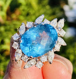 Impressive Vintage 14K Gold 8.17ct Blue Topaz Diamond Halo Cocktail Ring