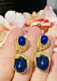 Vintage Estate Freeform 14k Gold Diamond Lapis Lazuli Pear Dangle Drop Earrings