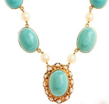 Antique Art Deco Persian Turquoise Pearl Pendant Necklace Vintage 9kt Gold