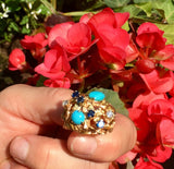 Vintage Estate 14K Gold Turquoise Cabochon VS Diamond Free Form Cocktail Ring