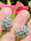 Vintage 18k Gold Emerald VS Diamond Halo Drop Cluster Earrings