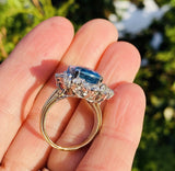 Impressive Vintage 14K Gold 8.17ct Blue Topaz Diamond Halo Cocktail Ring