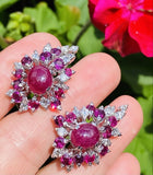 Vintage 1950s  18k Gold Ruby Cabachon VS Diamond Cluster Drop Earrings