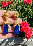 Vintage Retro 18K Gold Lapis Lazuli Pendant Drop Earrings