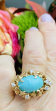 Vintage 1960s Freeform 14k Gold Turquoise Diamond Ring Retro Brutalist