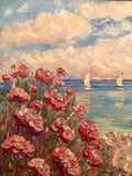 30x30” Pink Floral Flowers Beach Seascape KADLIC Original Oil Painting Art
