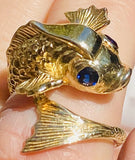 Vintage Retro Chic Estate 14K Gold Blue Sapphire Fish Serpent Wrap Ring