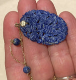 Vintage Retro Estate 14K Gold Carved Lapis Lazuli Bead Pendant Necklace 17"