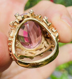 Vintage Estate 14k Gold Large 15ct Pink Kunzite Diamond Cocktail Ring