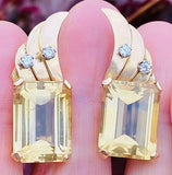 Vintage 1950s Retro Estate 18k Gold Emerald Cut Citrine Diamond Earrings