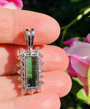Vintage 14k Gold 6ct Emerald Green Tourmaline VS Diamond Halo Necklace Pendant