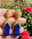 Vintage Retro 18K Gold Lapis Lazuli Pendant Drop Earrings