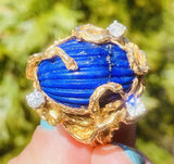 Vintage Retro Freeform 1960s 14k  Gold Lapis Lazuli Diamond Brutalist Ring