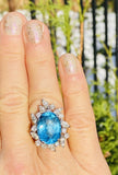 Impressive Vintage 14K Gold 8.17ct Blue Topaz Diamond Halo Cocktail Ring