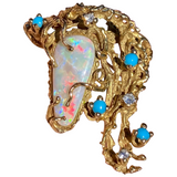 Vintage Estate 1950s 18K Gold Opal Diamond Turquoise Brooch Pendant