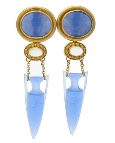 Estate Elizabeth Locke 18k Gold Blue Glass Amphora Dangle Drop Earrings