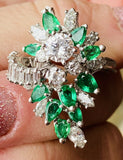 1950s Estate Heavy Vintage Platinum Diamond Baguette Pear Emerald Cocktail Ring