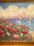 KADLIC Floral Sailboats Seascape Original Oil Painting 18x24" Gold Gilt Frame