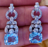 Retro Vintage 14k Gold VS Diamond Aquamarine Topaz Dangle Drop Pendant Earrings
