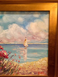 KADLIC Floral Sailboats Seascape Original Oil Painting 18x24" Gold Gilt Frame