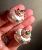 MAZ 14K Gold Turbo Snail Shell Clip Earrings Multi Gem Ruby Emerald Sapphire 7gr