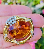 Vintage HAMMERMAN 18k Gold 20ct Diamond Amber Citrine Brooch Pin Pendant