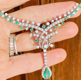 Vintage 1950s Estate 18k Gold 6ct Emerald Diamond Halo Necklace Pendant Retro