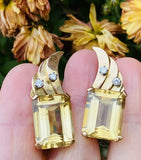 Vintage 1950s Retro Estate 18k Gold Emerald Cut Citrine Diamond Earrings