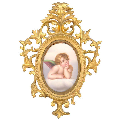 KPM Style Painted Porcelain Plaque Cherub Gold Giltwood Italy Tole Frame 19th C