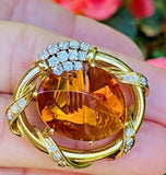 Vintage HAMMERMAN 18k Gold 20ct Diamond Amber Citrine Brooch Pin Pendant