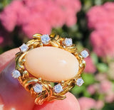 Vintage 18k Gold Retro Freeform Pink Angel Skin Coral Diamond Cocktail Ring