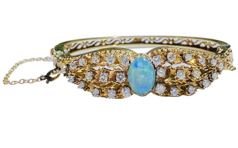 Vintage Midcentury Retro 14k Gold 2ct VS Diamond Opal Bangle Bracelet Cuff