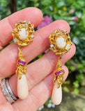 Vintage 14k Gold Retro Diamond Ruby Angel Skin Coral Day/Night Dangle Earrings