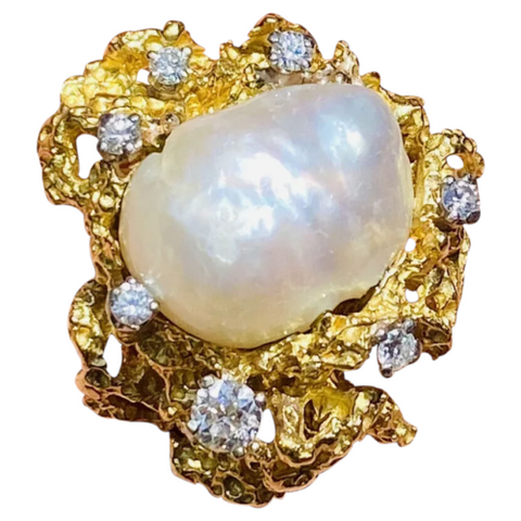 Vintage Estate Large 14k Gold Baroque Pearl G VS Diamond Cocktail Ring