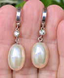 Vintage Estate 14k Gold Cultured Pearl G VS Diamond Drop Dangle Pendant Earrings