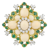 Impressive Heraldic 18k Yellow Gold Angel Skin Coral Emerald Diamond Brooch