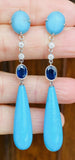 Vintage Estate 18k Gold Turquoise Diamond Blue Sapphire Dangle Pendant Earrings