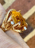 Vintage 1960s Estate Large Heavy 14K Gold Citrine Diamond Cocktail Ring
