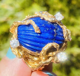 Vintage Retro Freeform 1960s 14k  Gold Lapis Lazuli Diamond Brutalist Ring