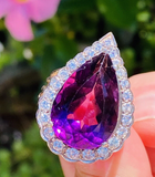 Vintage HUGE Platinum Gold Pear Amethyst Diamond Halo Ring