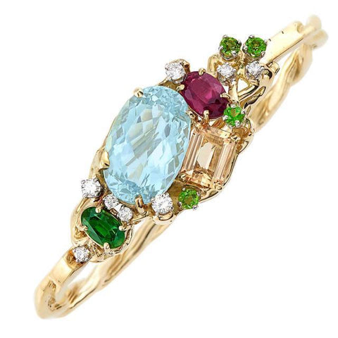 Stunning Peter Lindeman 18k Gold Aquamarine Rubellite Topaz Bangle Bracelet