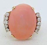 Vintage Large Estate 14k Yellow Gold Salmon Pink Coral Diamond Cocktail Ring