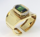 Retro Estate 18k Gold 21.75 ct Green Tourmaline VS Diamond Cuff Bangle Bracelet