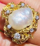 Vintage Estate 14k Gold Heavy Freeform Baroque Pearl Diamond Nugget Ring