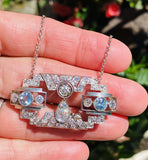Vintage Estate Platinum 4.00ct G VS Mine Cut Diamond Aquamarine Pendant Necklace