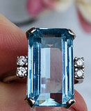 Vintage Retro Estate 14k White Gold 15ct Aquamarine Diamond Halo Cocktail Ring